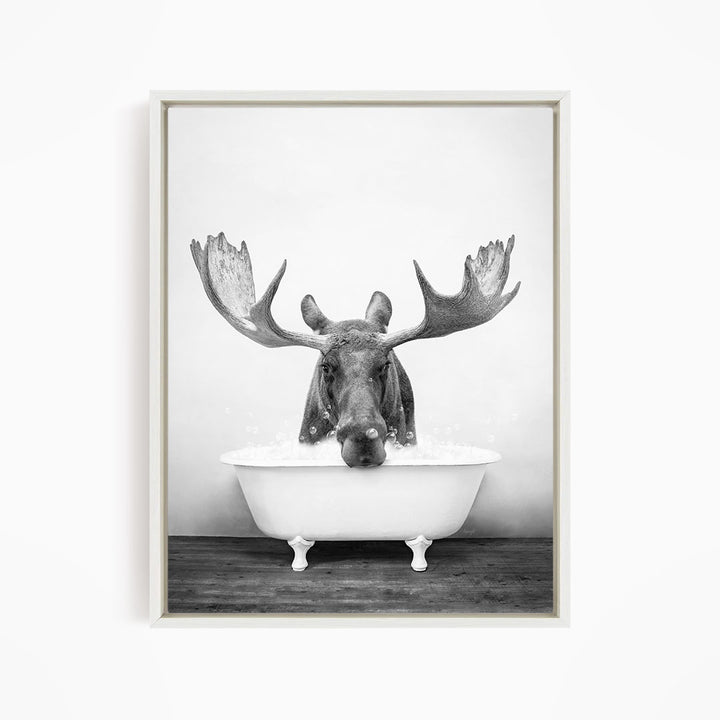 A moose with large antlers is sitting in a bathtub filled with water, creating a whimsical and humorous scene.