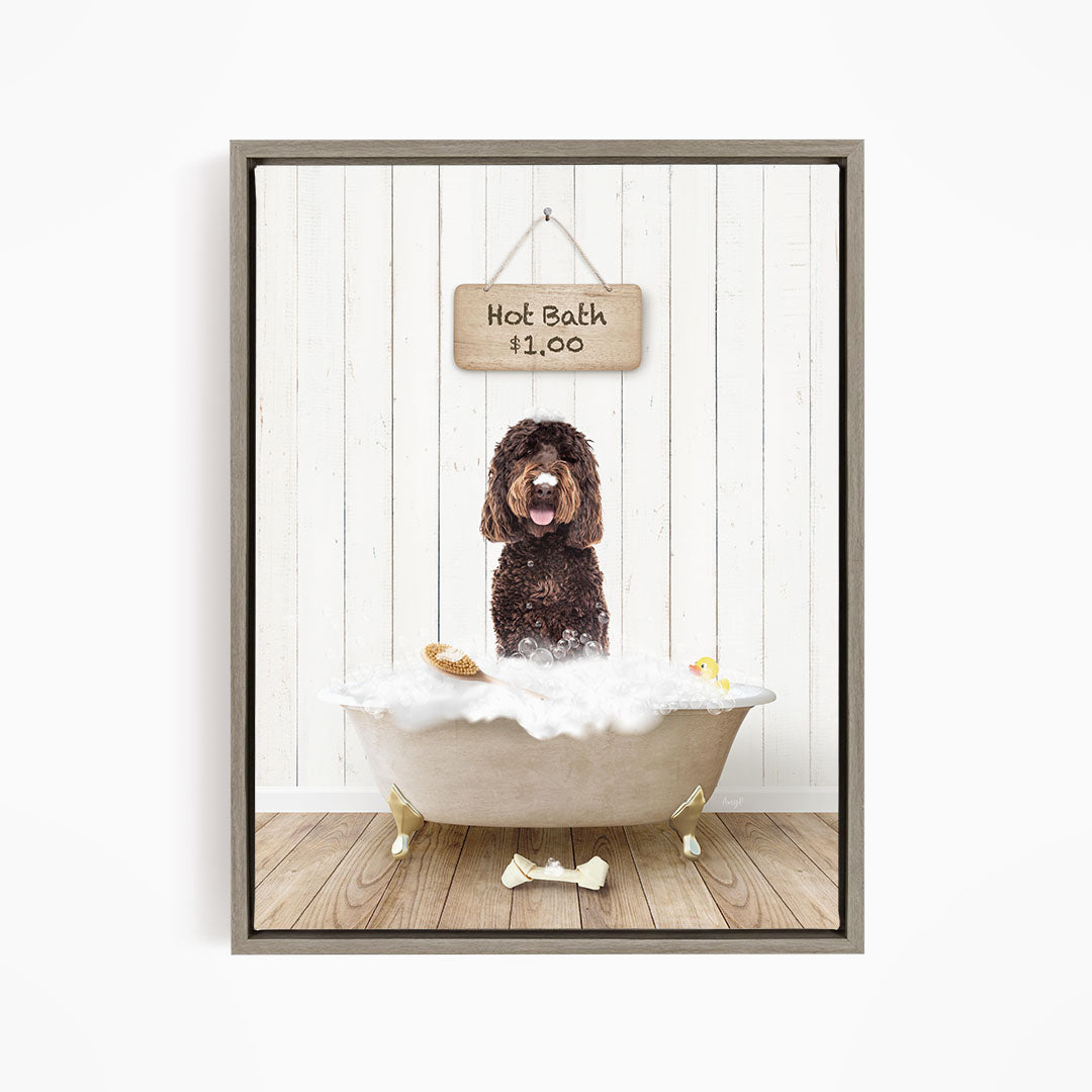 A brown dog sitting in a bathtub filled with bubbles, with a sign above the tub indicating a hot bath for $1.00.