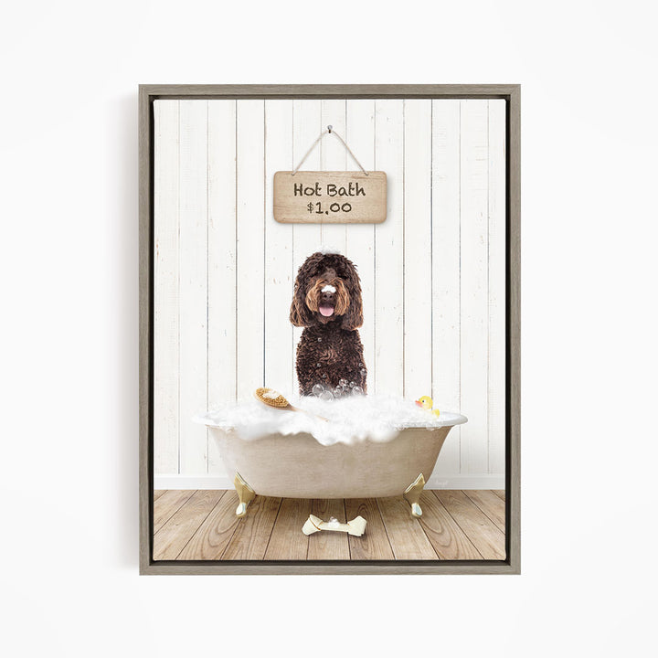A brown dog sitting in a bathtub filled with bubbles, with a sign above the tub indicating a hot bath for $1.00.
