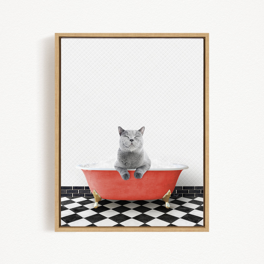A gray cat sitting in a red bathtub filled with bubbles, with a black and white checkered floor in the background.