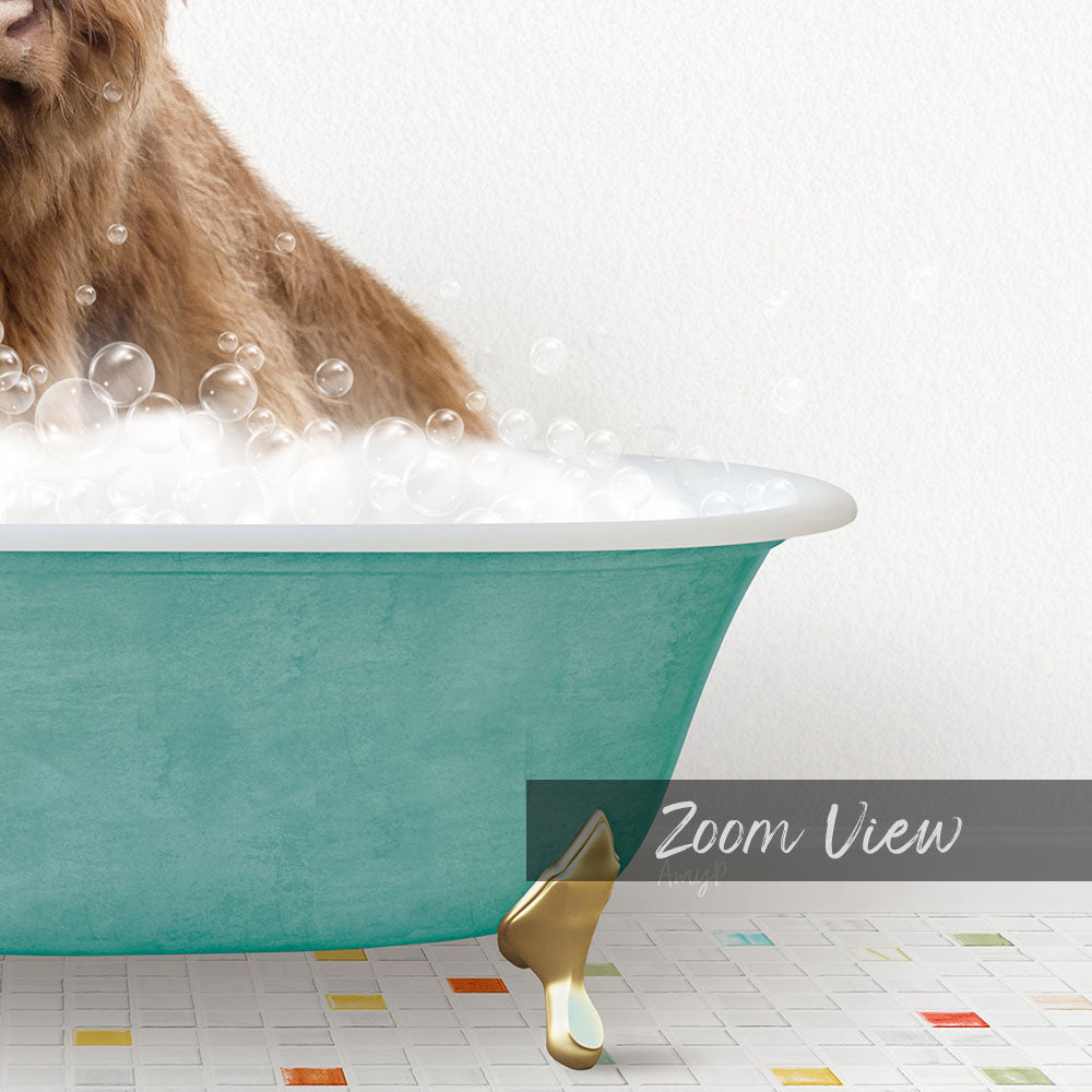 A dog is sitting in a green bathtub filled with bubbles, with a text overlay that reads "Zoom View".