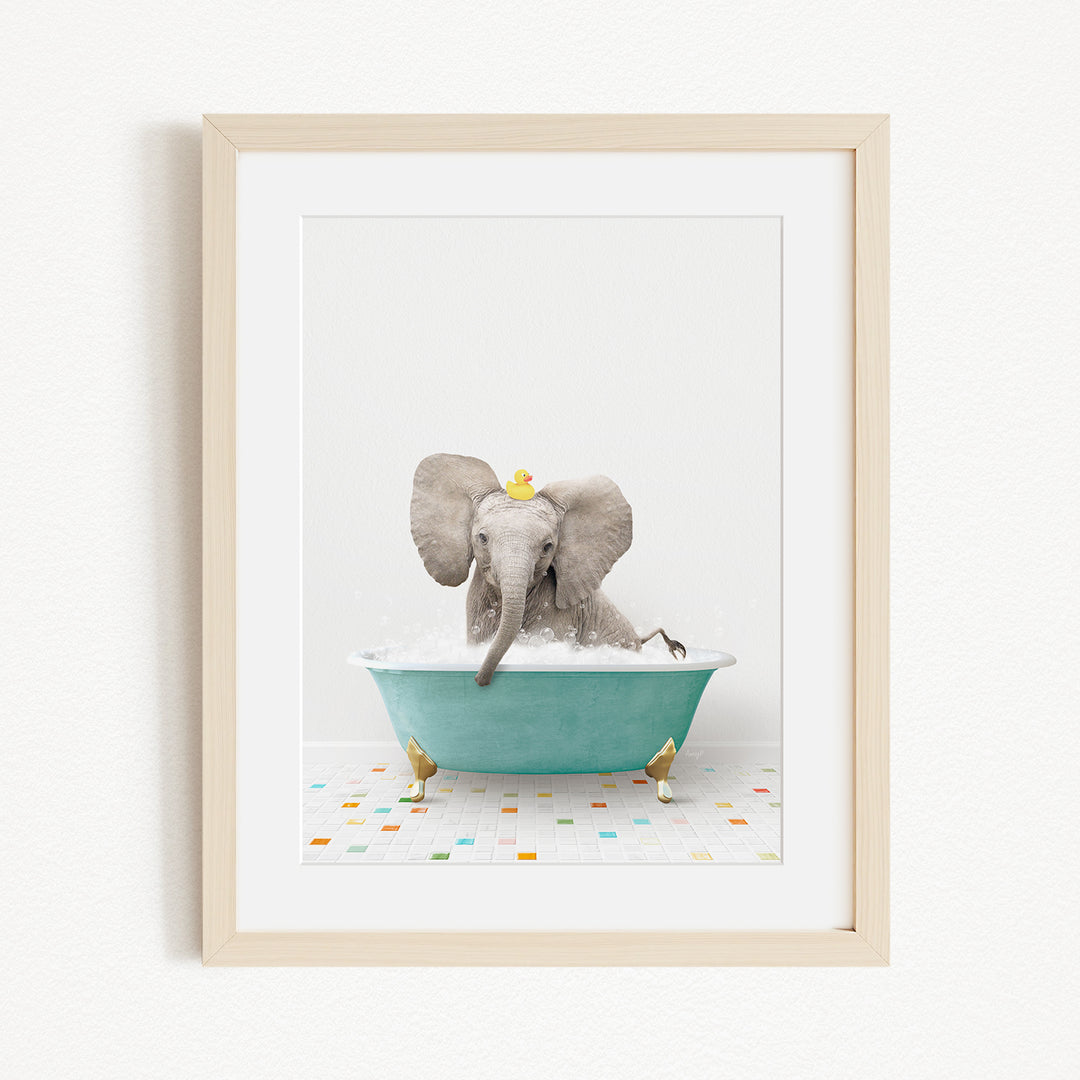 A gray elephant is sitting in a blue bathtub, surrounded by small yellow birds, creating a whimsical and playful scene.