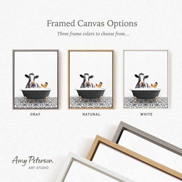 three framed canvas options, each featuring a cow in a bathtub with different colored frames. The options include a gray frame, a natural frame, and a white frame.