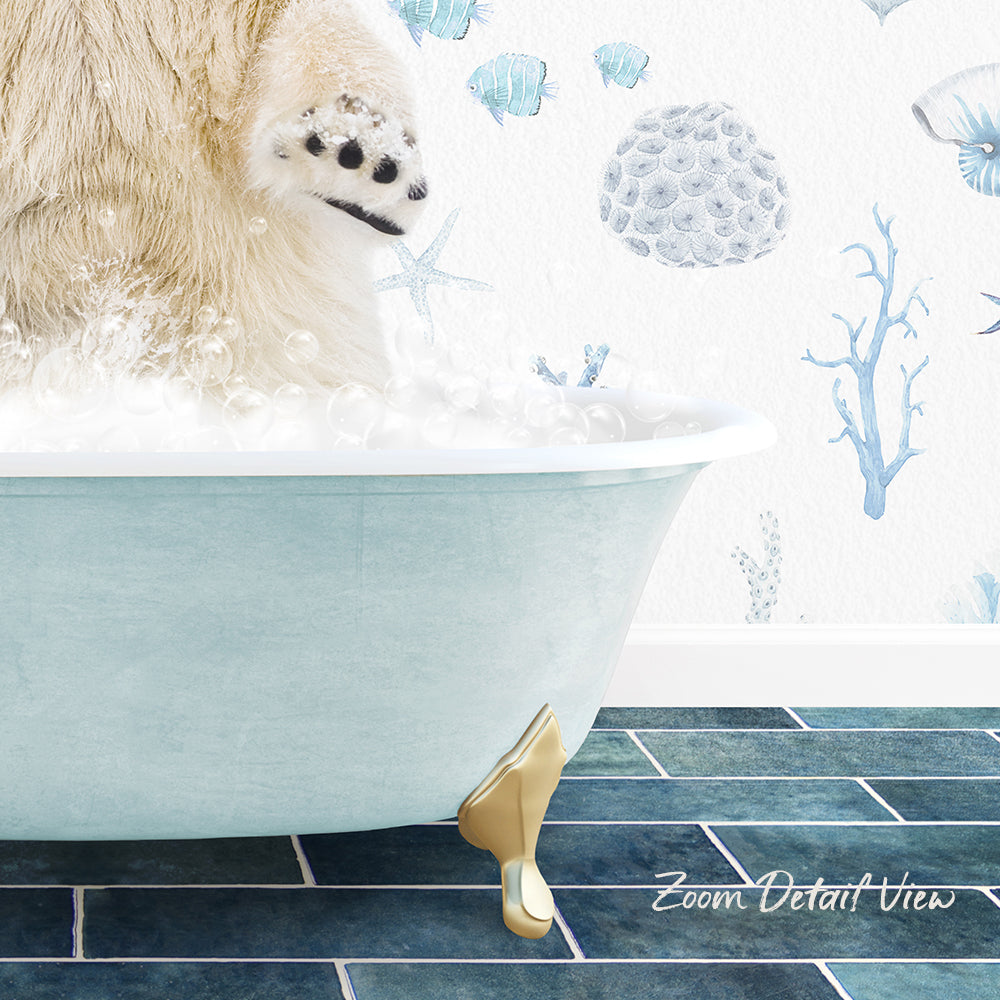 A polar bear is standing in a bathtub filled with bubbles, with a blue and white underwater wallpaper in the background.