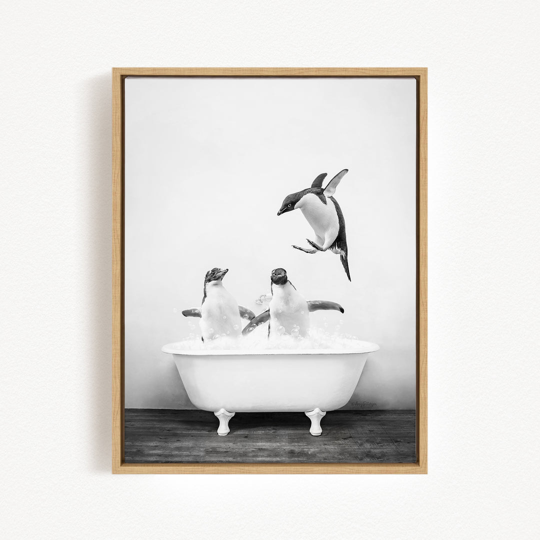 A black and white photograph of two penguins sitting in a bathtub, with one penguin flying towards the other.