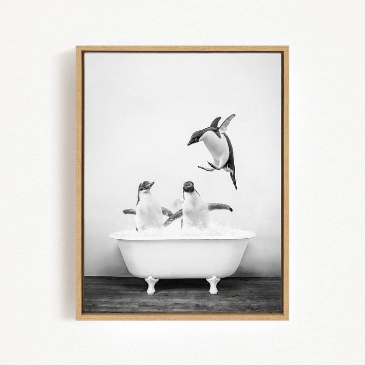 A black and white photograph of two penguins sitting in a bathtub, with one penguin flying towards the other.