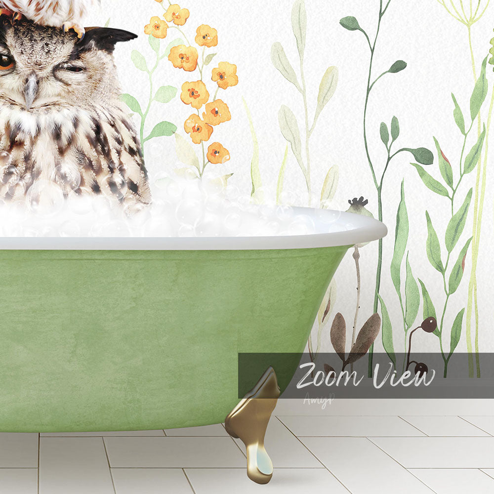 A green clawfoot bathtub filled with water, with an owl sitting inside and surrounded by flowers and plants.