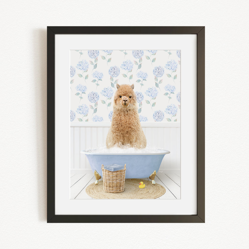 A fluffy brown dog sitting in a blue bathtub filled with bubbles, surrounded by a white floral patterned wall and a basket of rubber ducks.