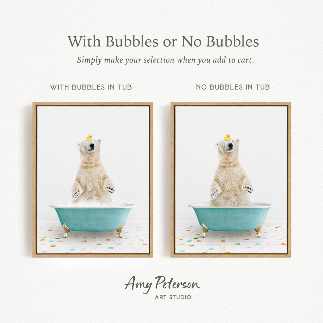 The image is a collage of two pictures featuring a polar bear sitting in a blue tub with bubbles and another polar bear sitting in a tub without bubbles.