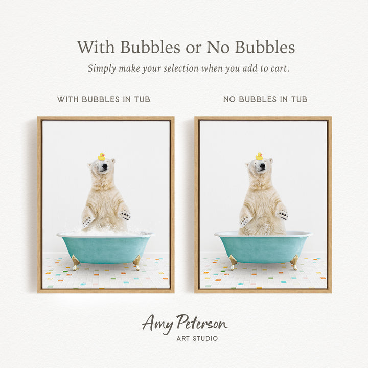 The image is a collage of two pictures featuring a polar bear sitting in a blue tub with bubbles and another polar bear sitting in a tub without bubbles.