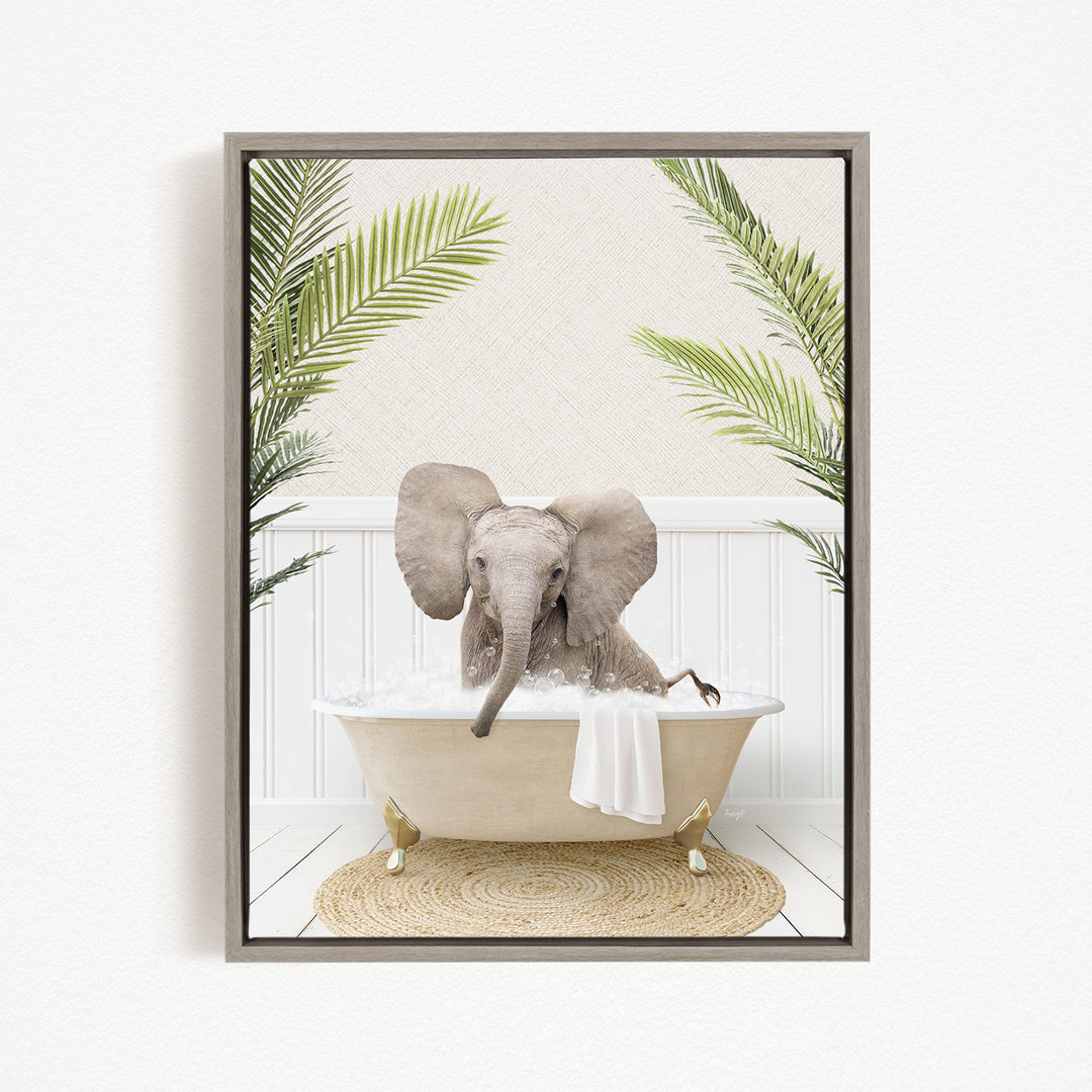 A gray elephant sitting in a white bathtub filled with water, surrounded by green palm leaves.