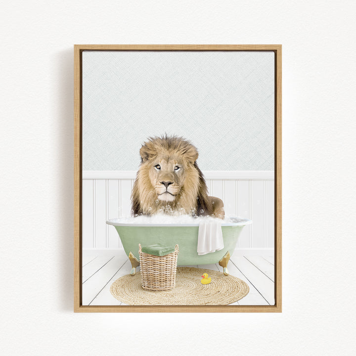 A lion sitting in a green bathtub filled with water, surrounded by a basket and a rubber duck.
