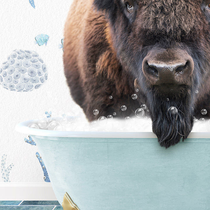 a bison standing in a bathtub with bubbles coming out of it