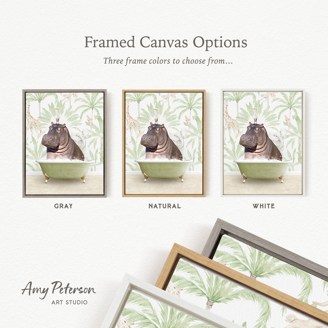 three framed canvas options featuring a hippopotamus in a bathtub, each with a different frame color: gray, natural, and white.