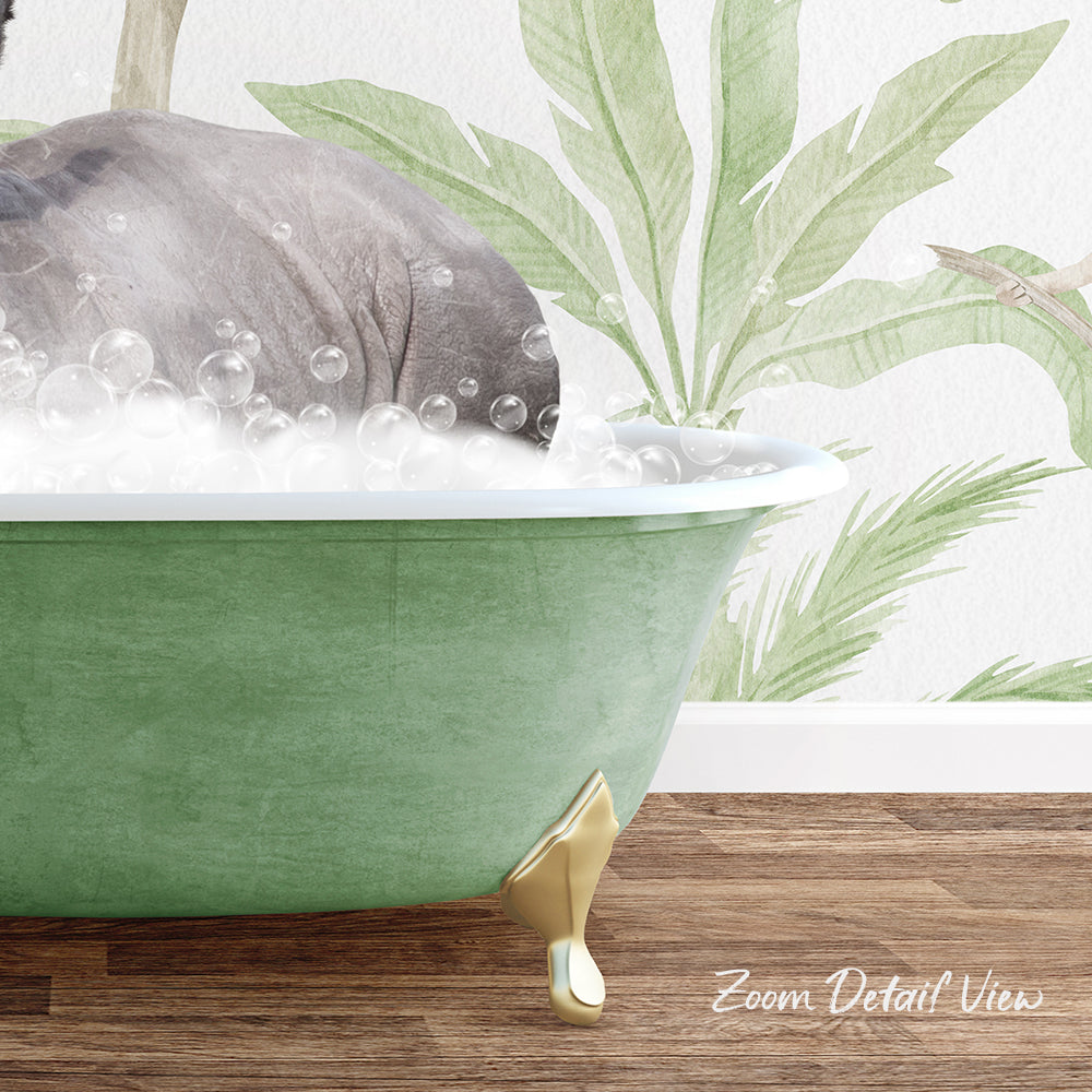 A green bathtub filled with bubbles, with a gold-colored claw resting on the side, set against a backdrop of a tropical plant wallpapered with palm leaves.