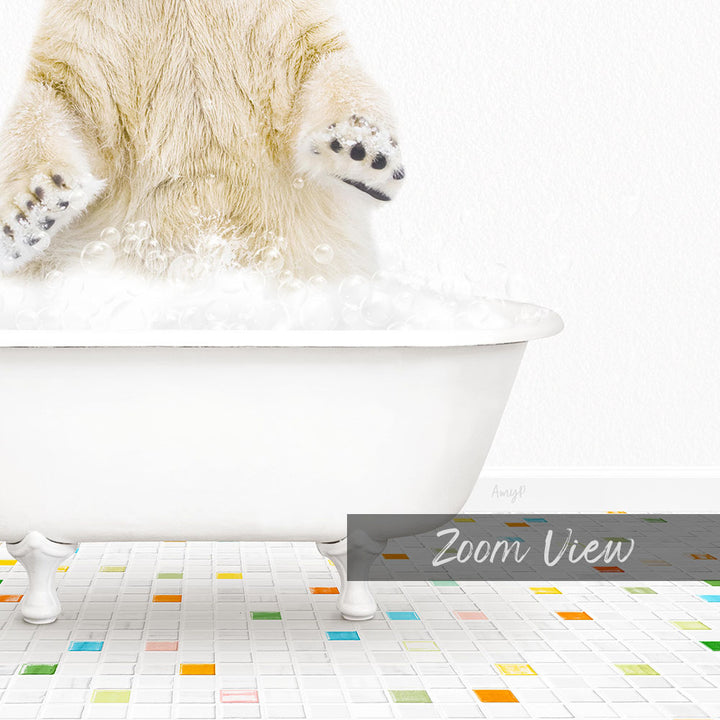 A polar bear is sitting in a white bathtub filled with bubbles, with a colorful tiled floor in the foreground.