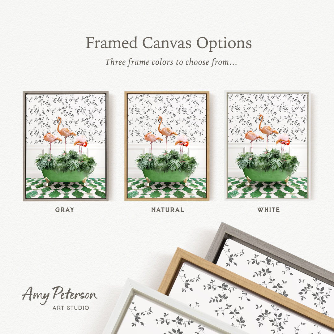 three framed canvas options, each featuring a different color and frame style. The options include a gray frame, a natural frame, and a white frame. The text above the images reads " Framed Canvas Options" and "Three frame colors to choose from...". The text below the images reads "Grays", "Naturals", and "Whites". The artist's name, " Amy Peterson", is also present.