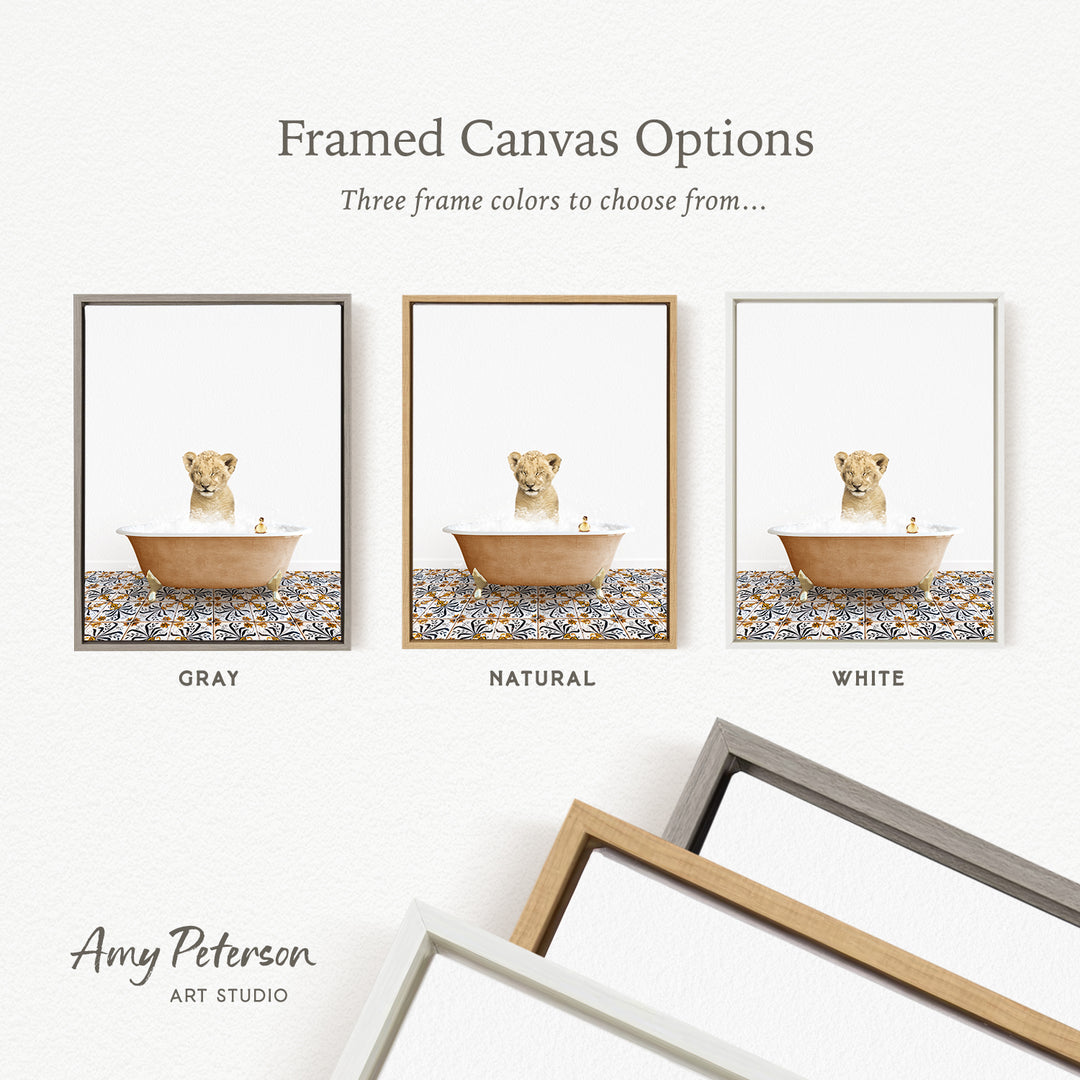 The image is a framed canvas option featuring three different colored frames with a picture of a dog in a bathtub.