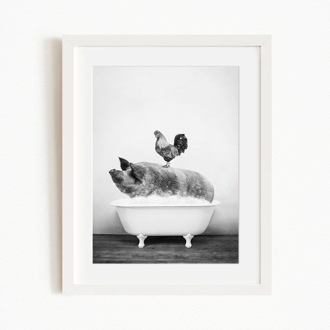 A rooster stands on a pig's back in a bathtub, creating a whimsical and humorous scene.
