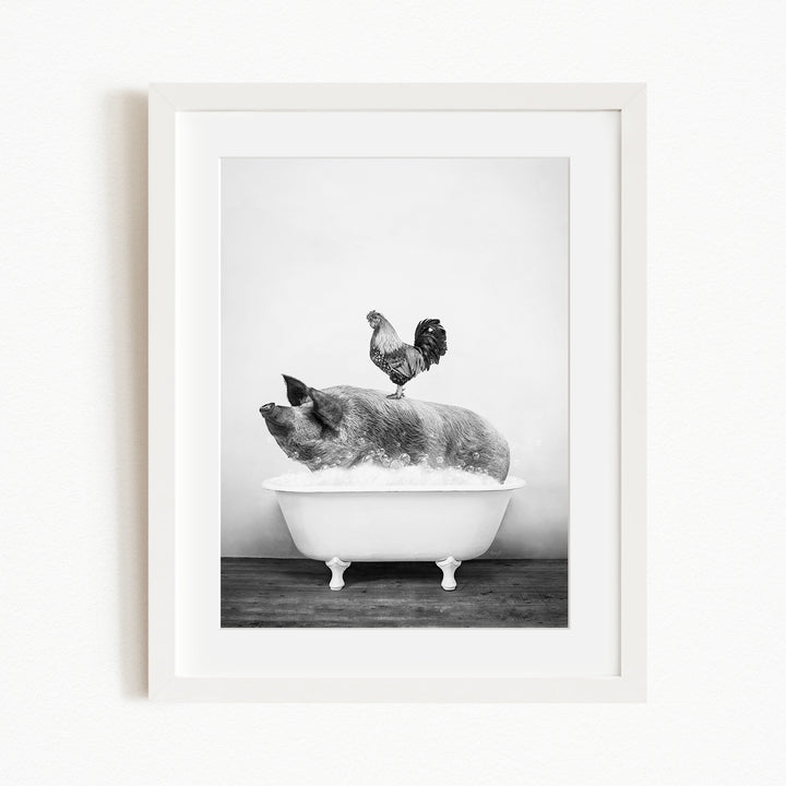 A rooster stands on a pig's back in a bathtub, creating a whimsical and humorous scene.