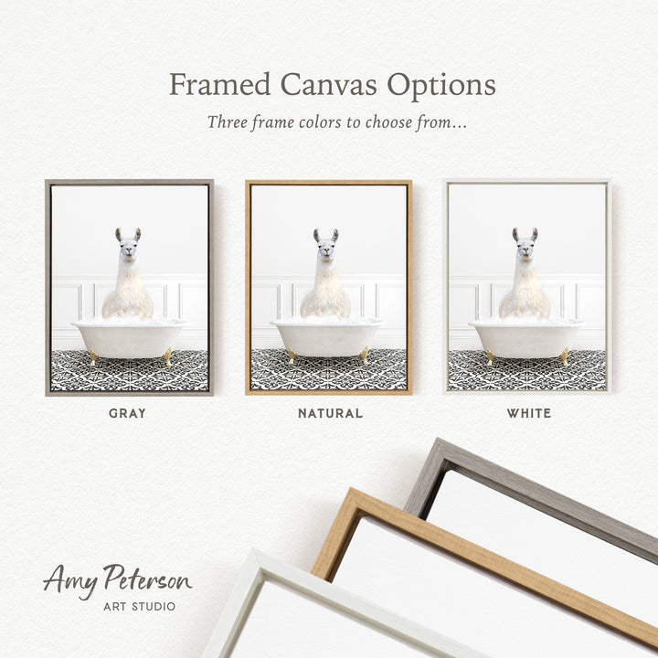 three framed canvas options, each featuring a white llama in a bathtub. The options include a gray frame, a natural frame, and a white frame.