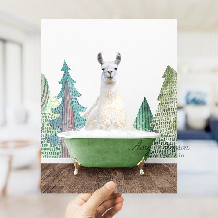 a llama sitting in a green bathtub with pine trees in the background