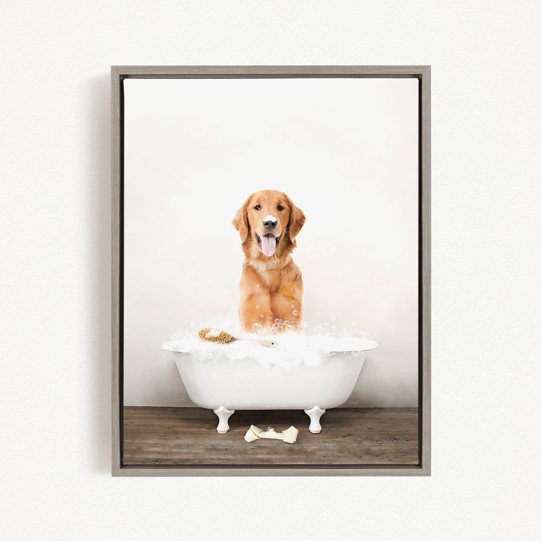 A golden retriever dog sitting in a white bathtub filled with bubbles, with its tongue hanging out, creating a playful and adorable scene.