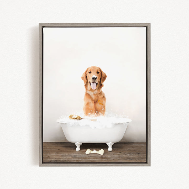 A golden retriever dog sitting in a white bathtub filled with bubbles, with its tongue hanging out, creating a playful and adorable scene.