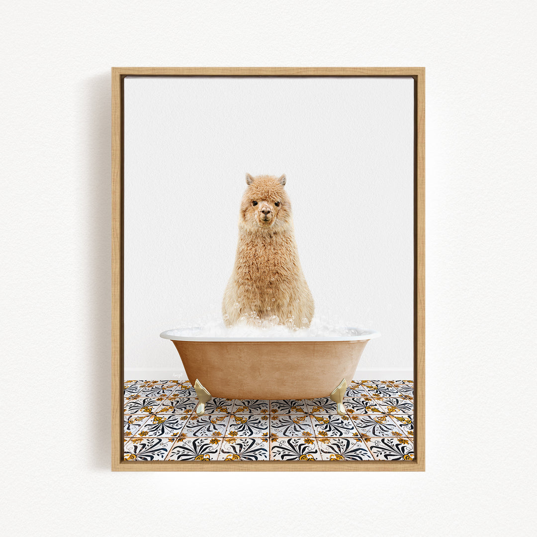 A fluffy brown dog sitting in a bathtub filled with bubbles, surrounded by a patterned tile floor.