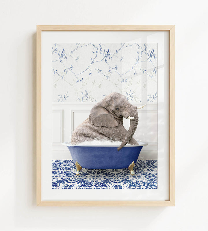 A gray elephant is sitting in a blue bathtub, surrounded by a blue and white patterned floor.