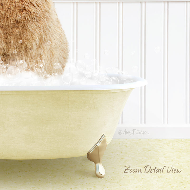 A cat standing in a bathtub filled with bubbles, with a white wall and text overlay in the background.