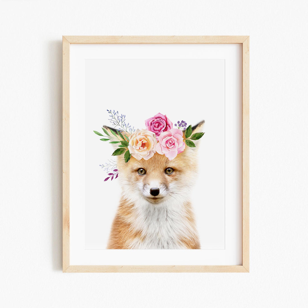 a picture of a fox with flowers on its head