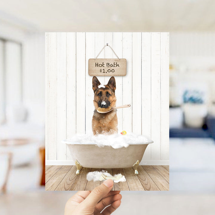 A German Shepherd dog is sitting in a bathtub filled with bubbles, with a sign above the tub that reads "Hot Bath $1.00".