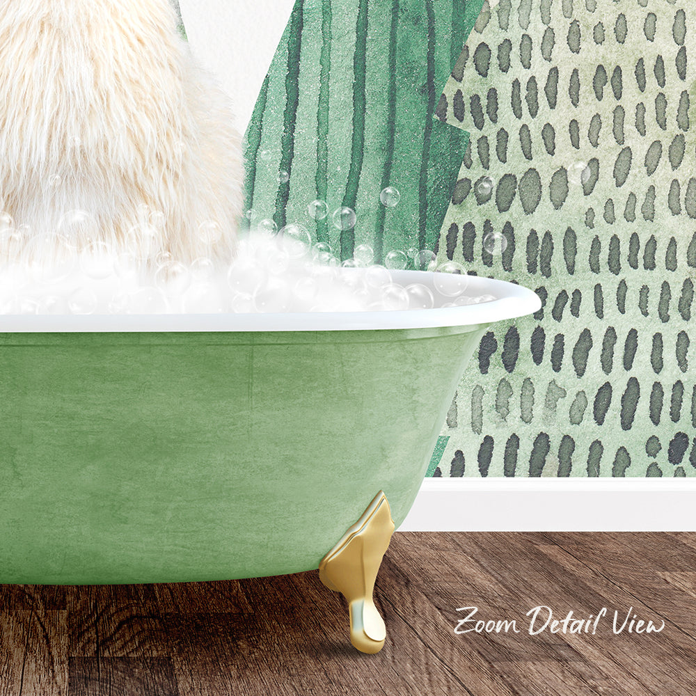 A white cat is sitting in a green bathtub filled with bubbles, with a patterned wall in the background.