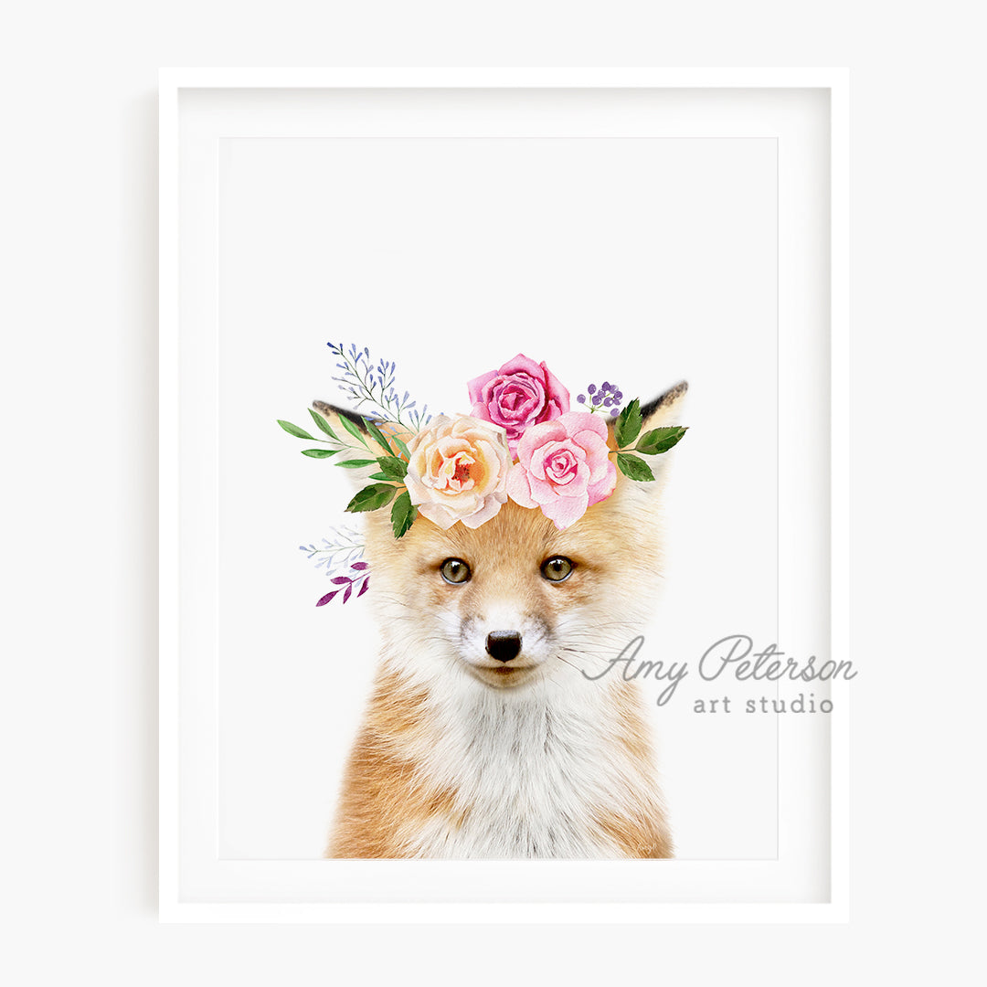 a picture of a fox with flowers on its head