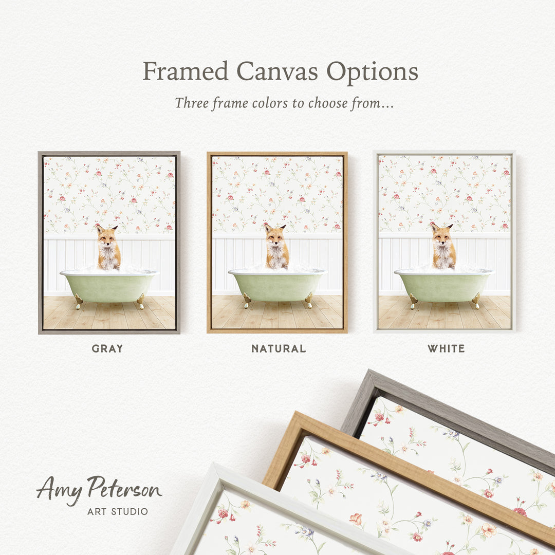 The image is a framed canvas option showcasing three different framed canvas options for a painting of a cat sitting in a bathtub.