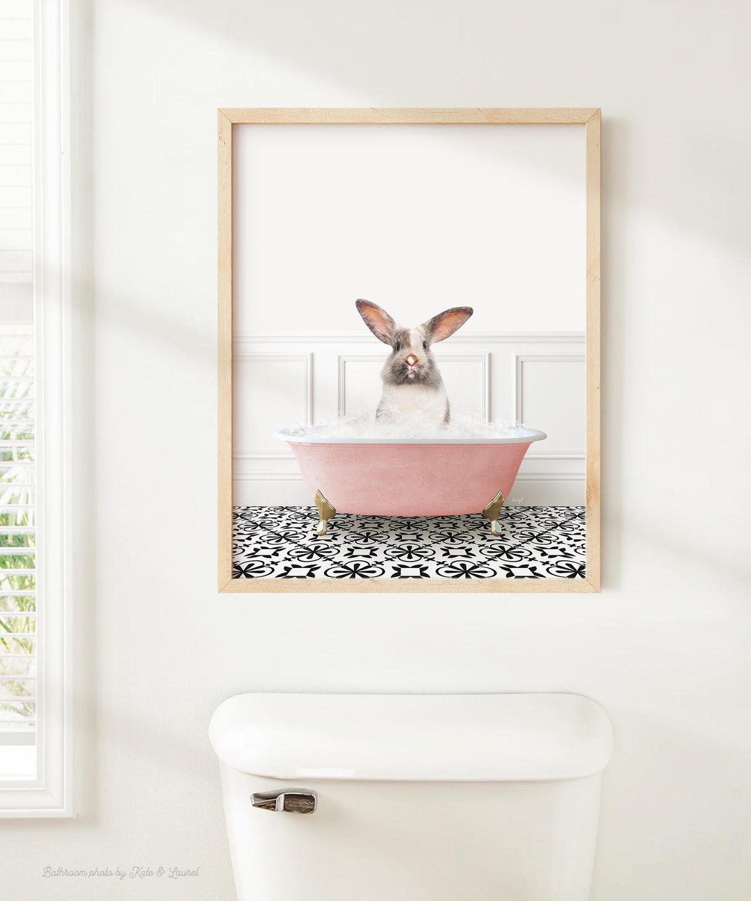 Bunny in Stencil Tile with Pink Bathtub Bath