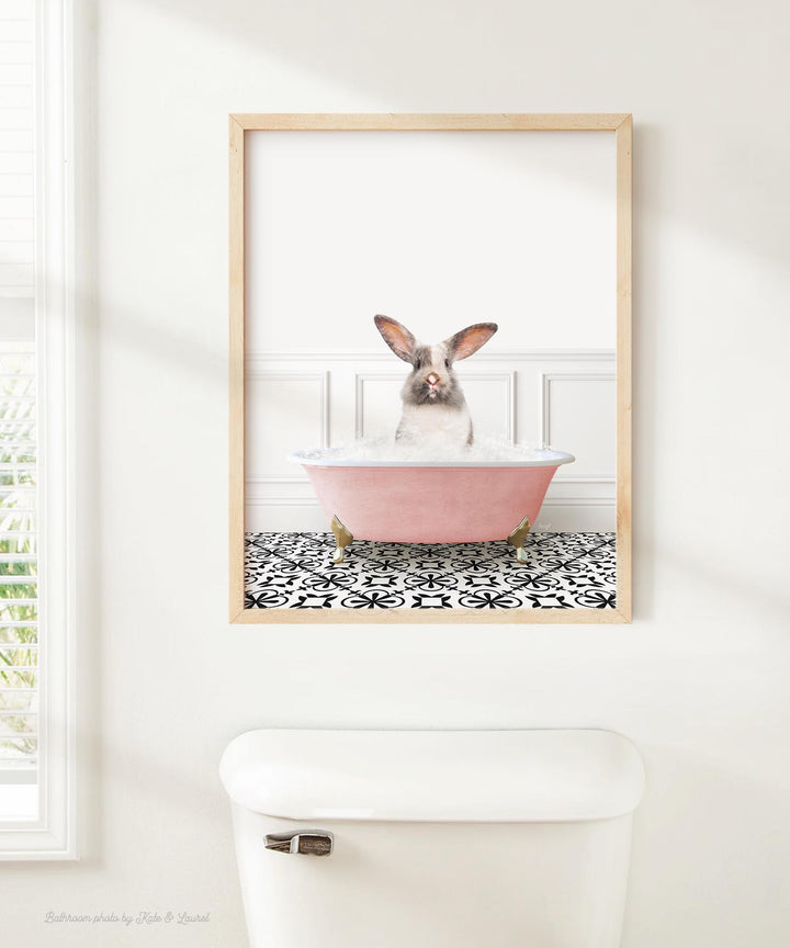 Bunny in Stencil Tile with Pink Bathtub Bath