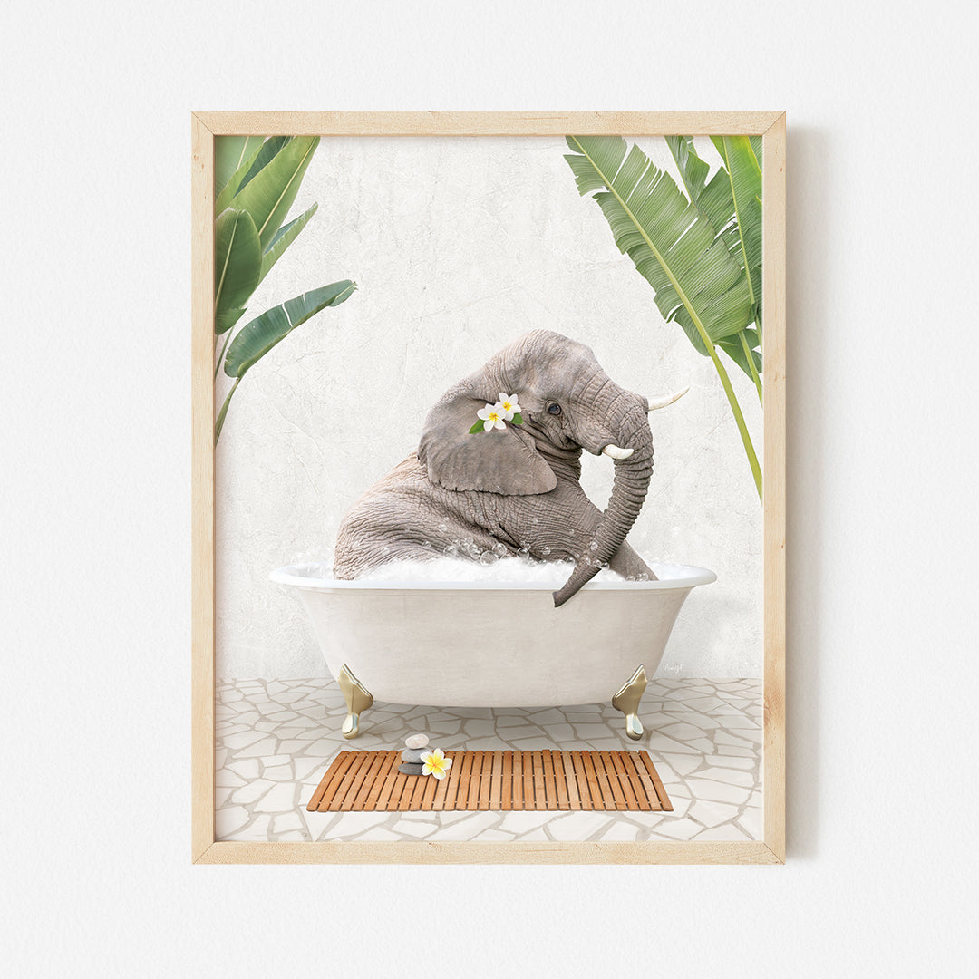 an elephant sitting in a bathtub with a flower in its mouth