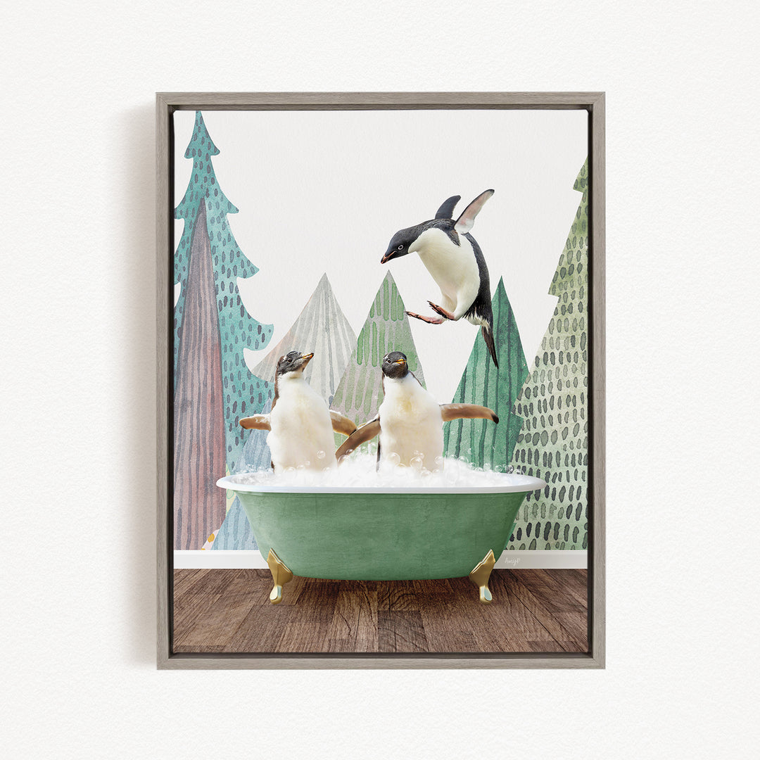 A framed image depicting two penguins sitting in a green bathtub, with one penguin flying towards the other in mid-air.