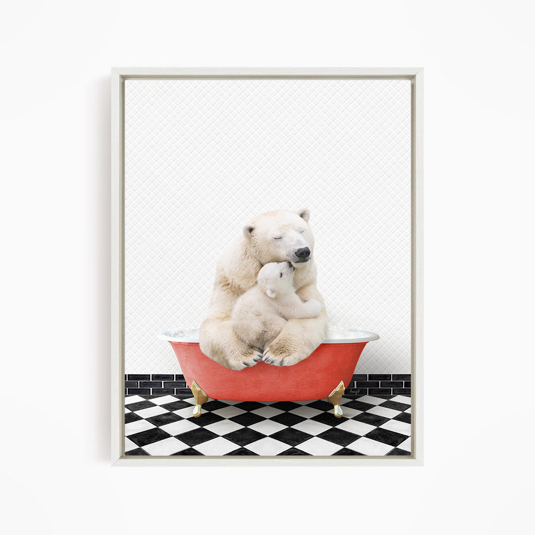 A polar bear sitting in a red bathtub, with a smaller polar bear nestled next to it, against a white background with a black and white checkered floor.