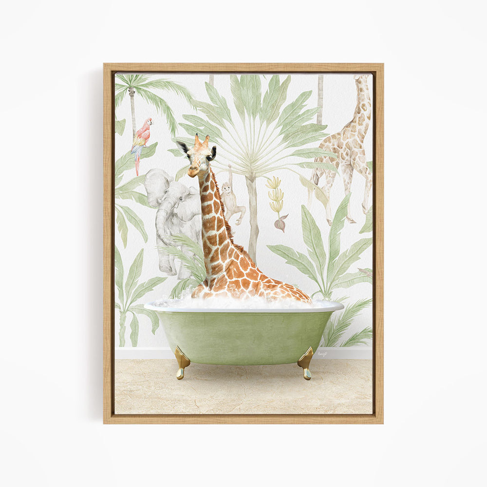 A giraffe sitting in a green bathtub surrounded by tropical foliage, including palm trees and other animals.