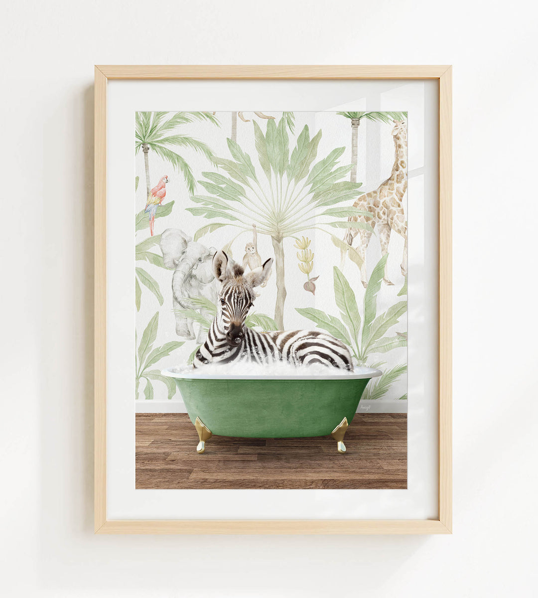 A zebra is sitting in a green bathtub, surrounded by a tropical jungle scene with palm trees, birds, and other animals.