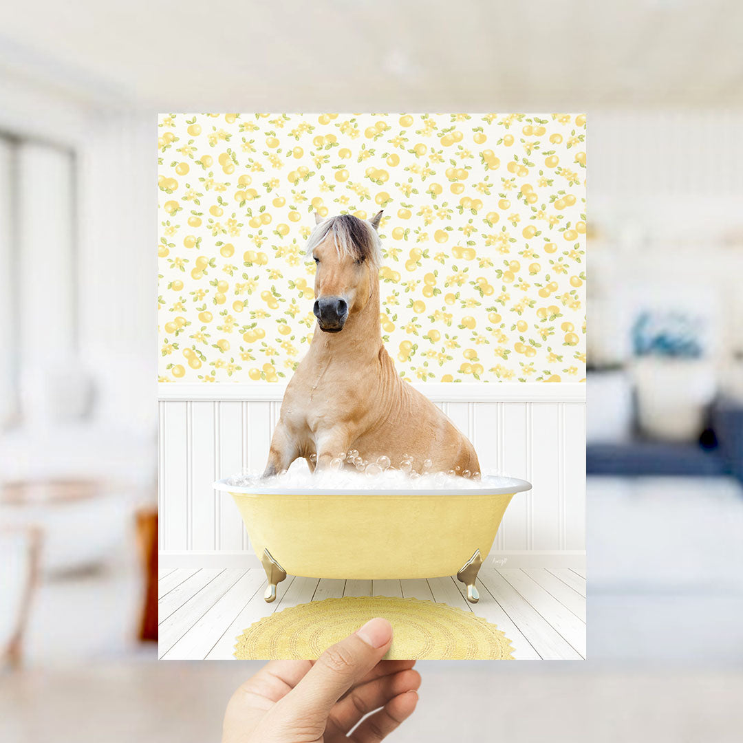 A brown horse sitting in a yellow bathtub filled with water, surrounded by a yellow and white patterned wall.