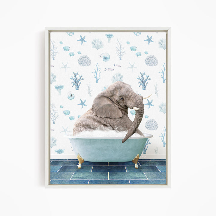 An elephant is sitting in a blue bathtub filled with water, surrounded by a pattern of seashells, starfish, and other marine life.