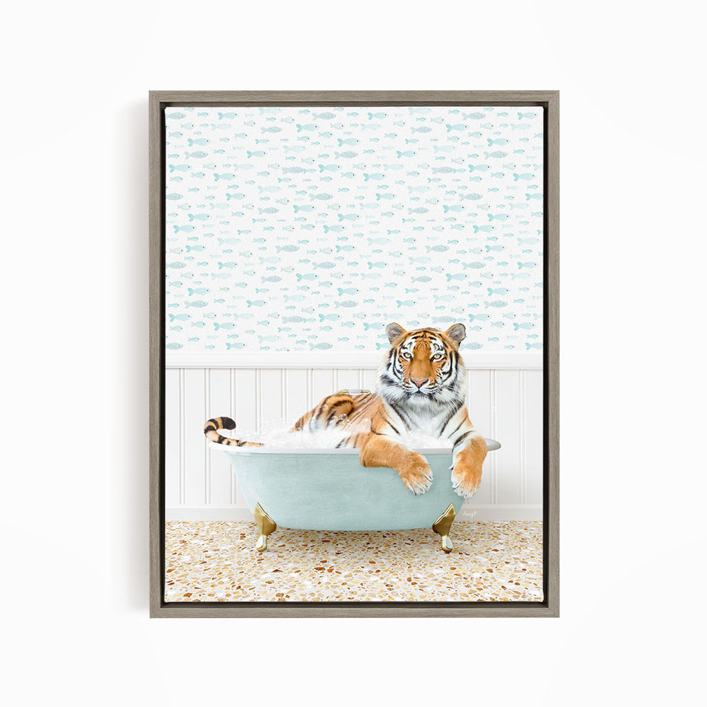 A tiger is sitting in a bathtub filled with water, surrounded by a pattern of fish.