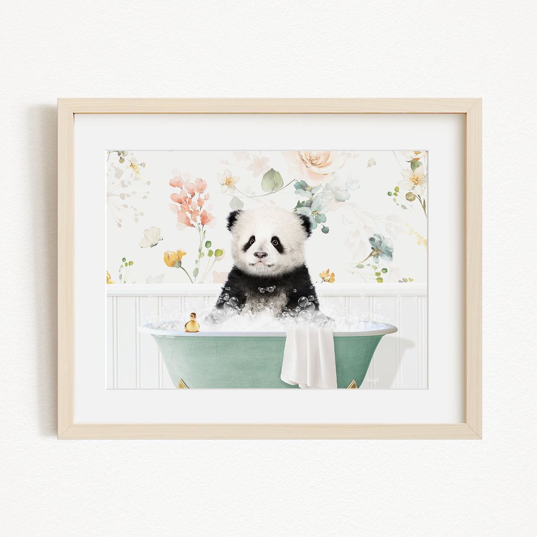 A panda bear sitting in a green bathtub filled with bubbles, surrounded by a floral background.