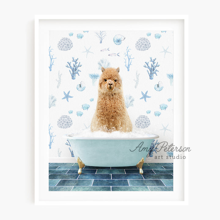 a dog sitting in a bathtub with a wallpaper behind it