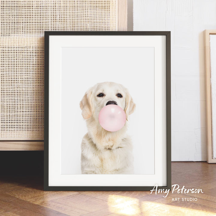 A framed photograph of a white dog holding a pink bubble gum bubble in its mouth.