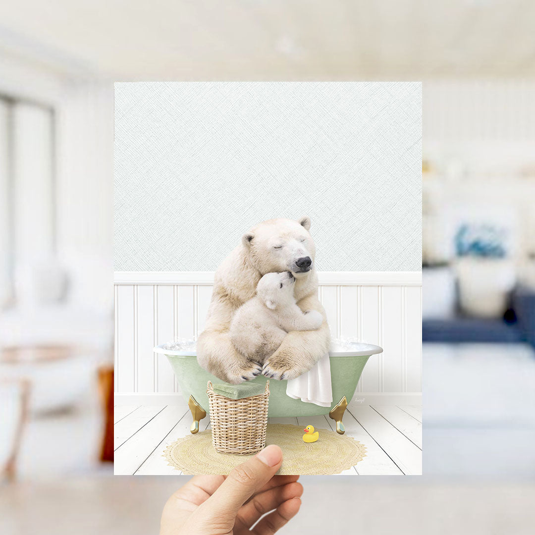 A polar bear is sitting in a bathtub, holding a baby bear, in a cozy, homely setting.